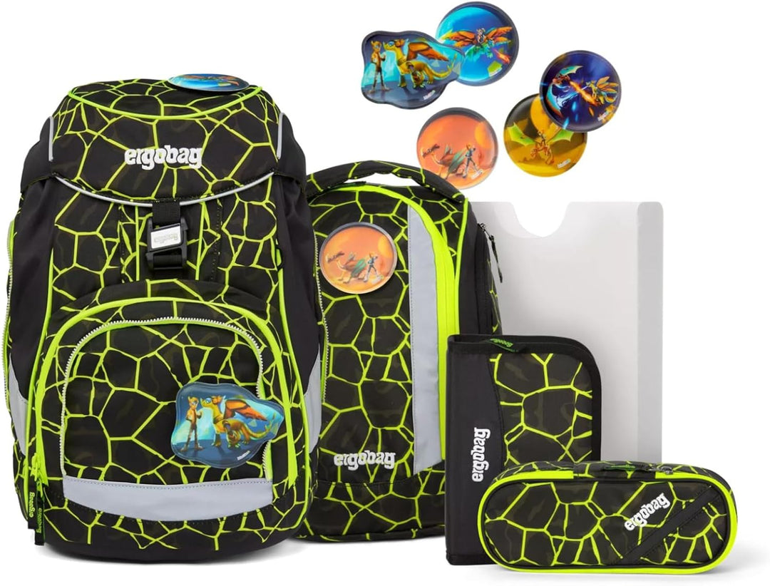 ergobag Unisex Kinder Prime School Backpack Set Rucksack Einheitsgrösse Drachenfliegbär - Schwarz, E