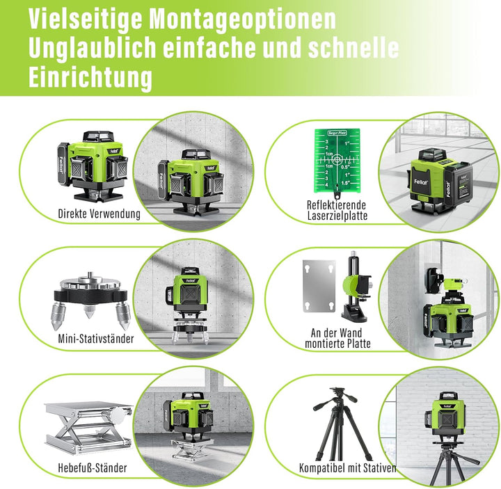 Kreuzlinienlaser, FELLAT 4x360° kreuzlinienlaser grün, Kreuzlinienlaser Selbstnivellierend Linienlas