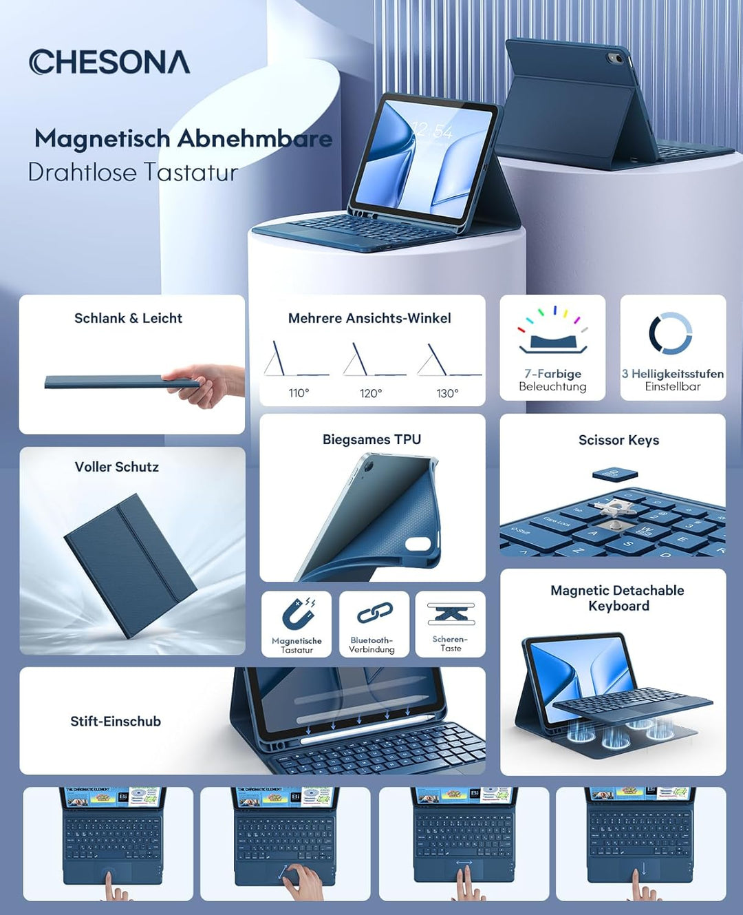 CHESONA Hülle mit Tastatur für iPad 10 Generation/11 Generation A16 2025, 7 Farben Beleuchtung, Mult
