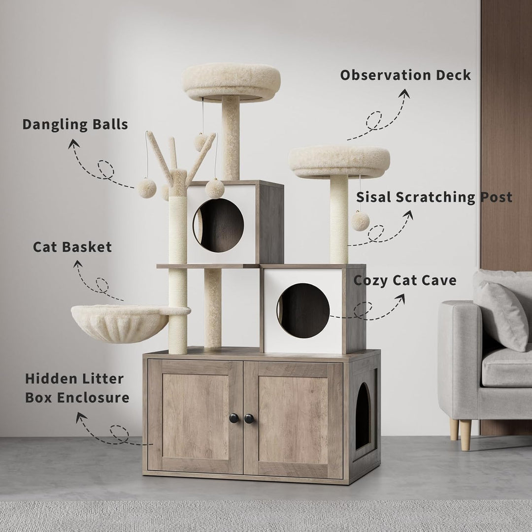 Katzenbaum Mit Katzenklo Schrank, 146 cm Hoch, Katzenhaus Aus Holz Mit Kratzbaum, HäNgeball, Katzenr