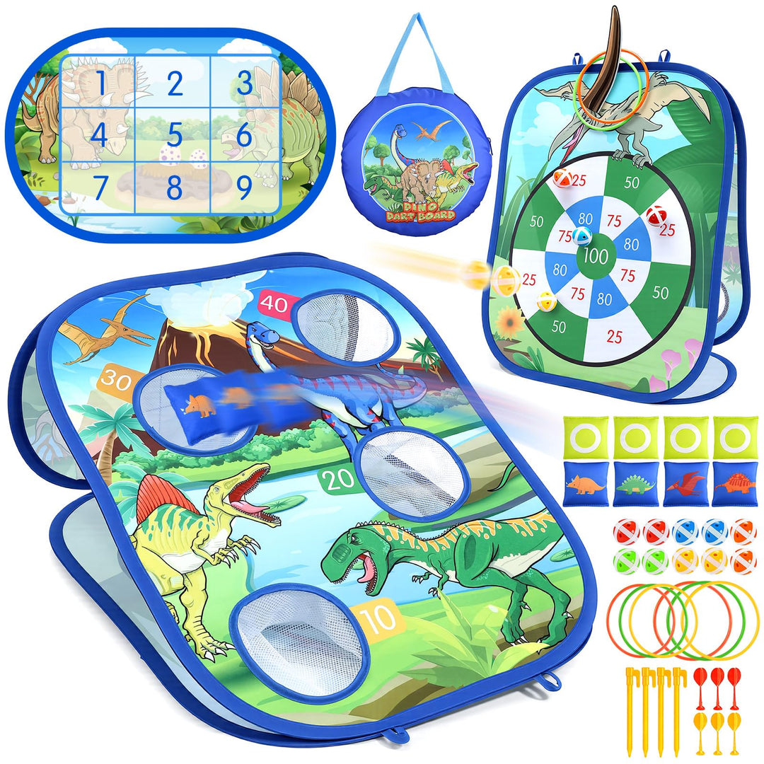 5-in-1 Dinosaurier/Einhorn Wurfspiel Dartboard mit Pfeilen, Sitzsäcken, Bällen, Ringwurf, tragbare O