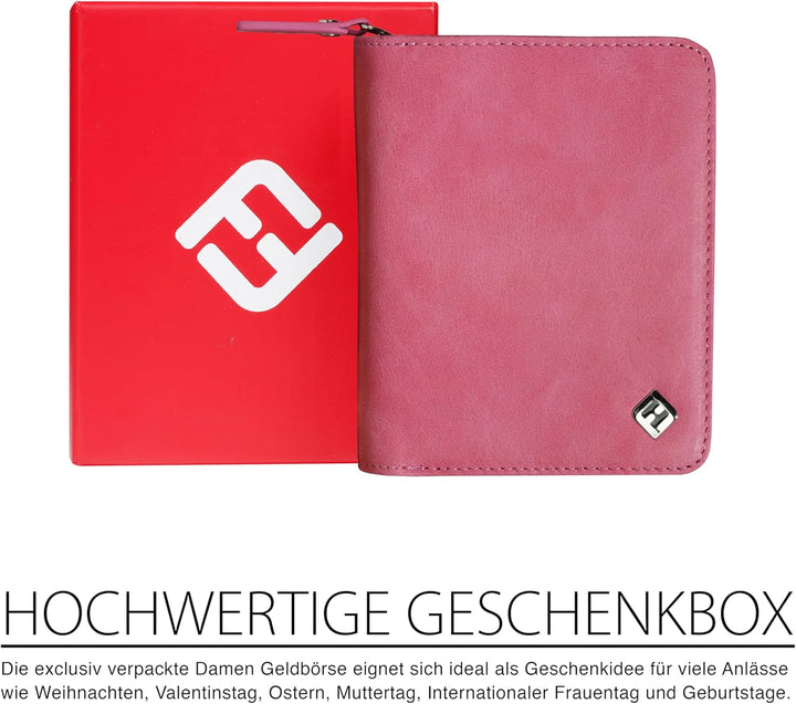 Damen Geldbörse pink, Oil-Wax-Leder, Reissverschluss, Münzfach, viele Fächer, RFID Schutz - Geldbörs