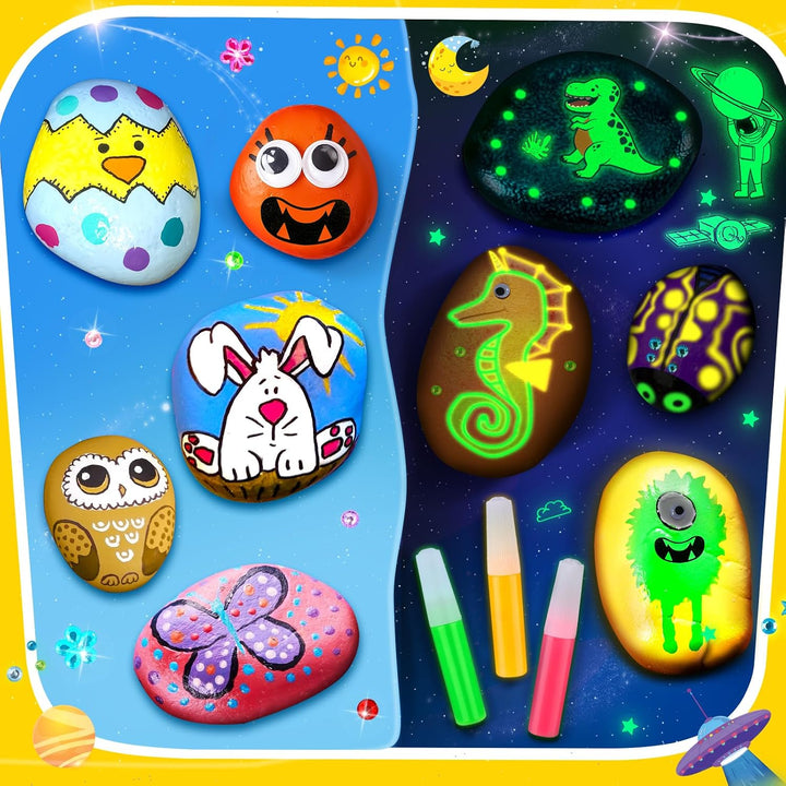 UPDOKIT Steine Bemalen Set Kinder, Bastelset Kinder ab 6 7 8 9 10 Jahre mit Leuchtfarbe &amp; Aufklebern