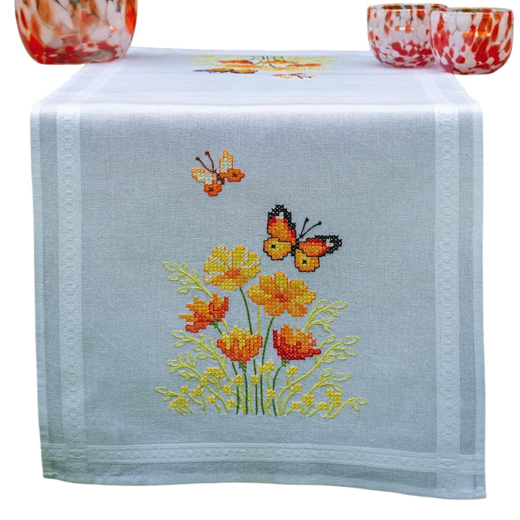 Vervaco PN-0187941 Tischläufer Kreuzstich Set vorgezeichnet, Baumwolle, Orange Flowers And Butterfli