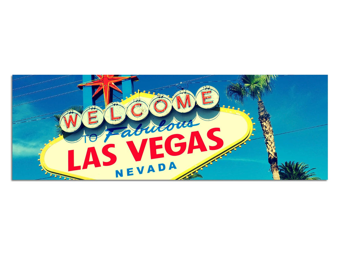 Panoramabild auf Leinwand und Keilrahmen 150x50cm Las Vegas Schild Reklame Himmel Palmen