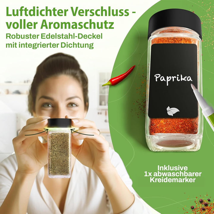 LAEVU Gewürzgläser Set Eckig | 24 Stk. 120ml - 10,5 x 4,5 cm | Gewürzstreuer Schwarz mit 350 Gewürze