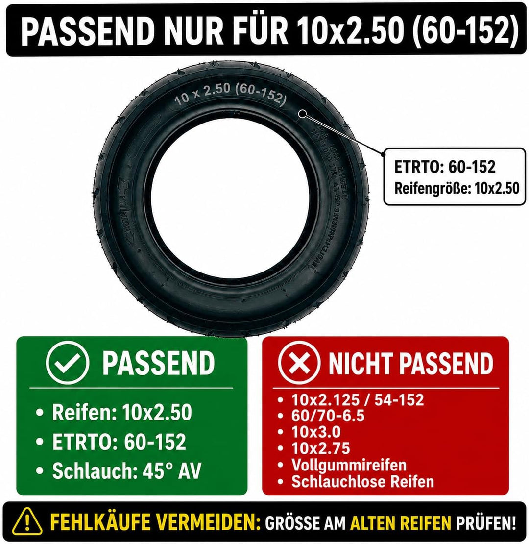E Scooter Reifen 10x2.50 (60-152) und Schlauch Set (Profil A-3031) mit 45° AV Edelstahl-Winkelventil