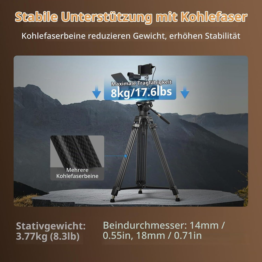 SMALLRIG Heavy-Duty Stativ aus Kohlefaser mit Einstufiger FreeSpeed-Höhenverstellung, 75 Zoll, Fluid