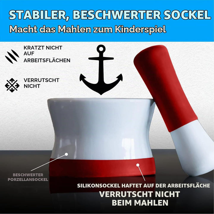 EZ-Grip Mörser und Stössel aus rotem Silikon und Porzellan mit rutschfester abnehmbarer Silikonbasis
