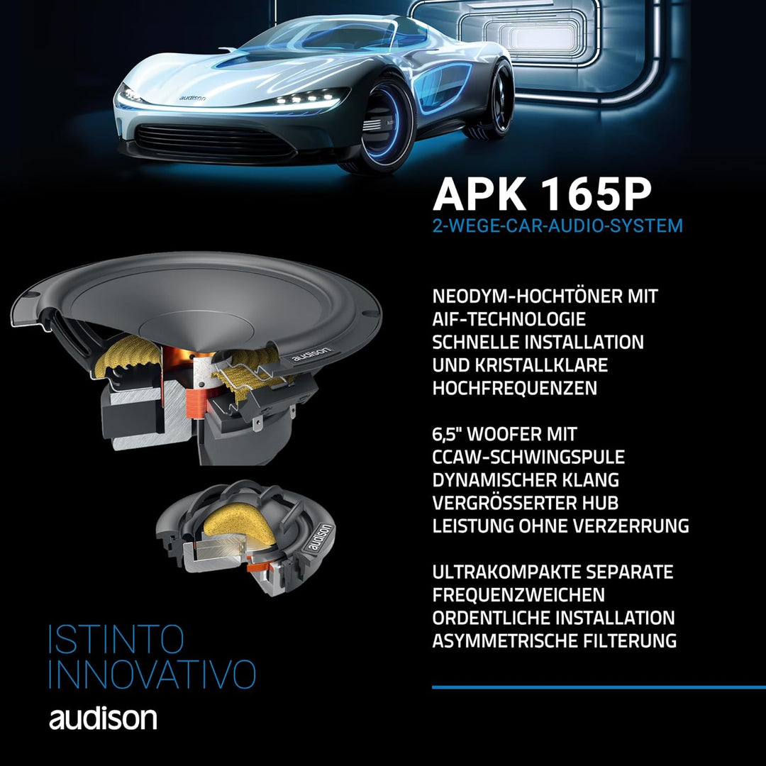 Audison APK 165P – 2-Wege-System mit AP 6.5P Woofer 165 mm, AP 1P Hochtöner 25 mm und Passivweiche,