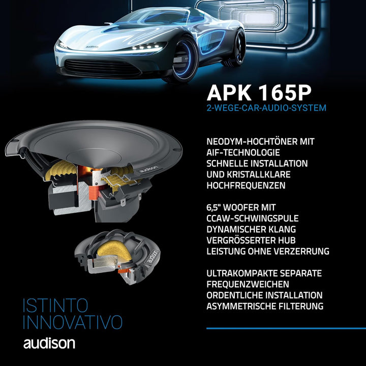 Audison APK 165P – 2-Wege-System mit AP 6.5P Woofer 165 mm, AP 1P Hochtöner 25 mm und Passivweiche,