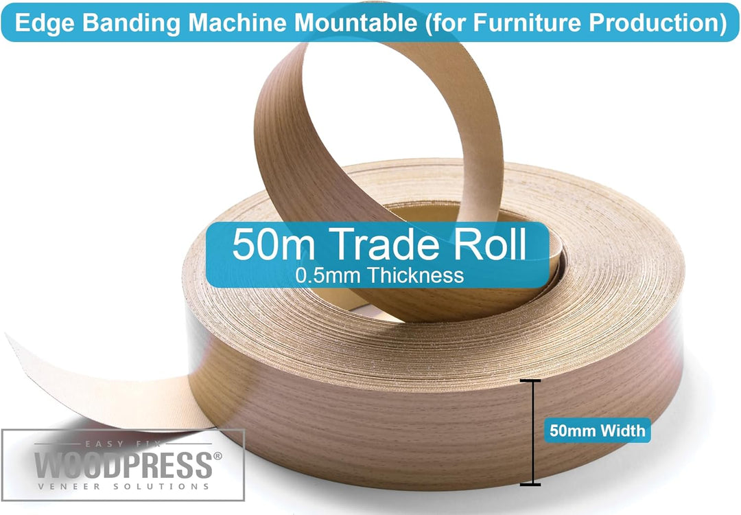 WoodPress® 50mm Buchenholz-Stil Melamin Kantenumleimer mit Schmelzkleber – 50m Industrielle Rolle –