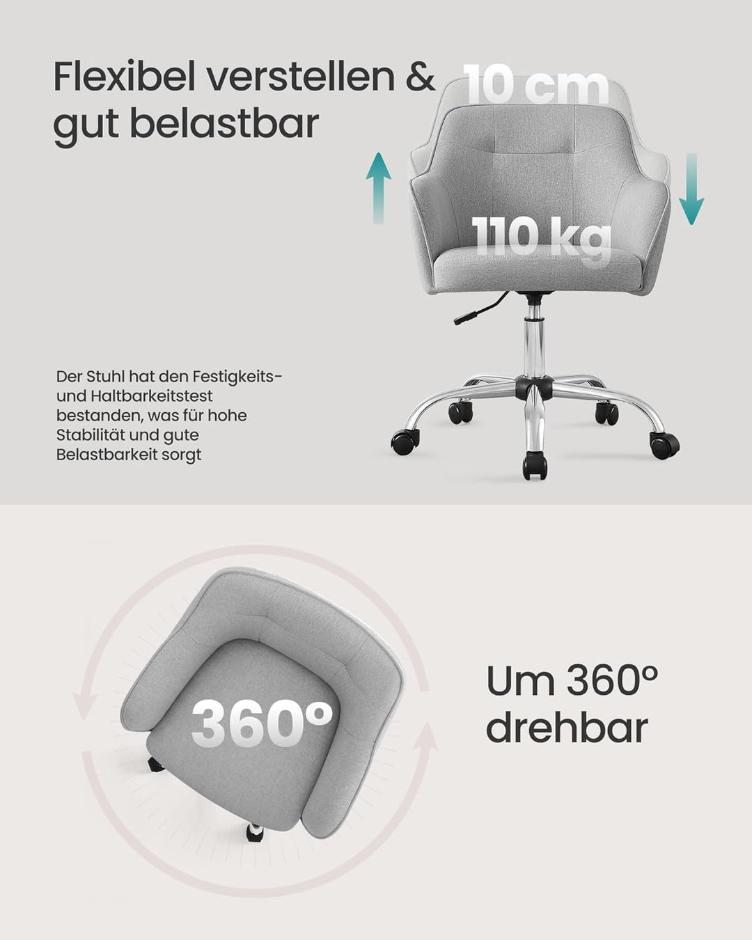 SONGMICS Homeoffice Stuhl, Drehstuhl, Schreibtischstuhl, höhenverstellbar, bis 110 kg belastbar, atm