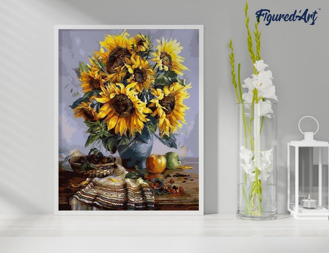 Figured'Art Malen Nach Zahlen Erwachsene Mit Rahmen Sonnenblumenstrauss - Paint by Numbers Basteln D