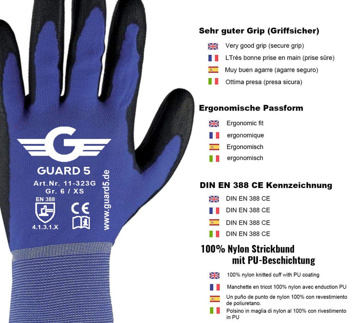 GUARD 5 - Arbeitshandschuhe - 24 Paar/Gr.7 - Damen & Herren Gartenhandschuhe - blaue Nylon-Handschuh