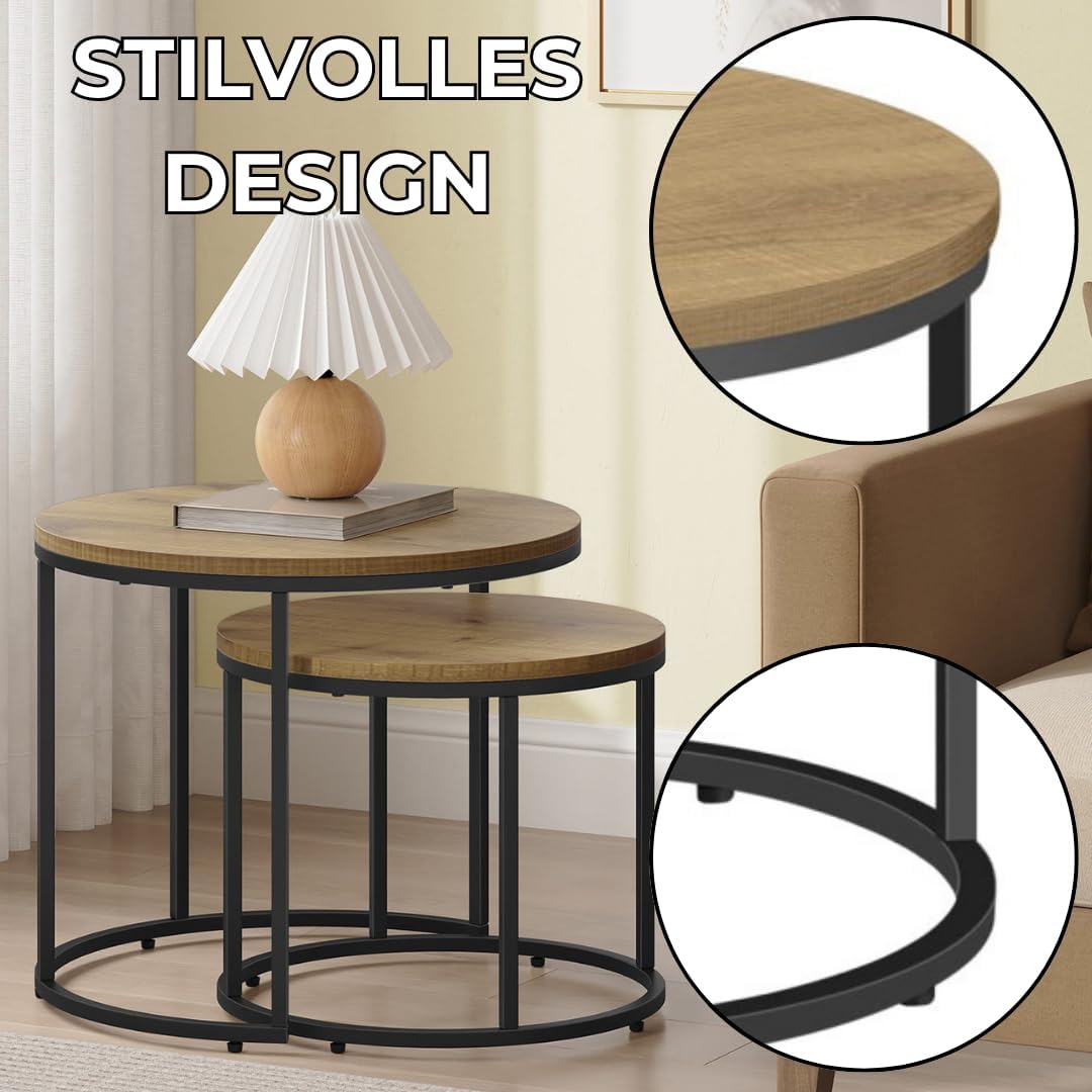 FORTENA 2er Set Couchtische, Schwarze oder goldene Metallbeine, Industrial-Stil, Raund (Eiche – Schw