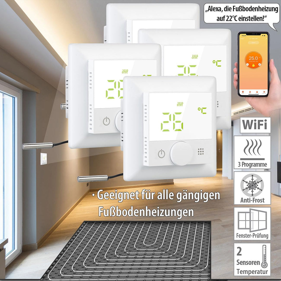 revolt Thermostat Elesion: 4er-Set WLAN-Fussbodenheizungs-Thermostat. Sprachsteuerung, App, weiss (R