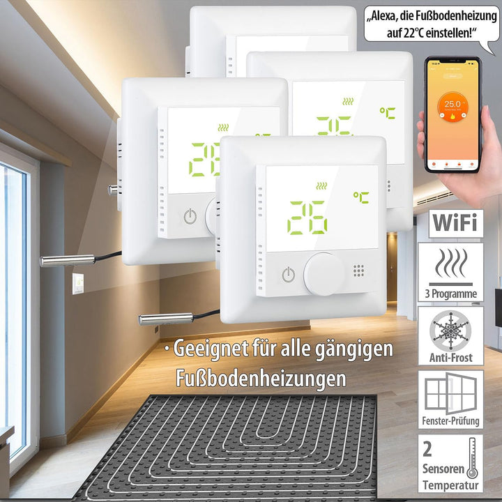 revolt Thermostat Elesion: 4er-Set WLAN-Fussbodenheizungs-Thermostat. Sprachsteuerung, App, weiss (R