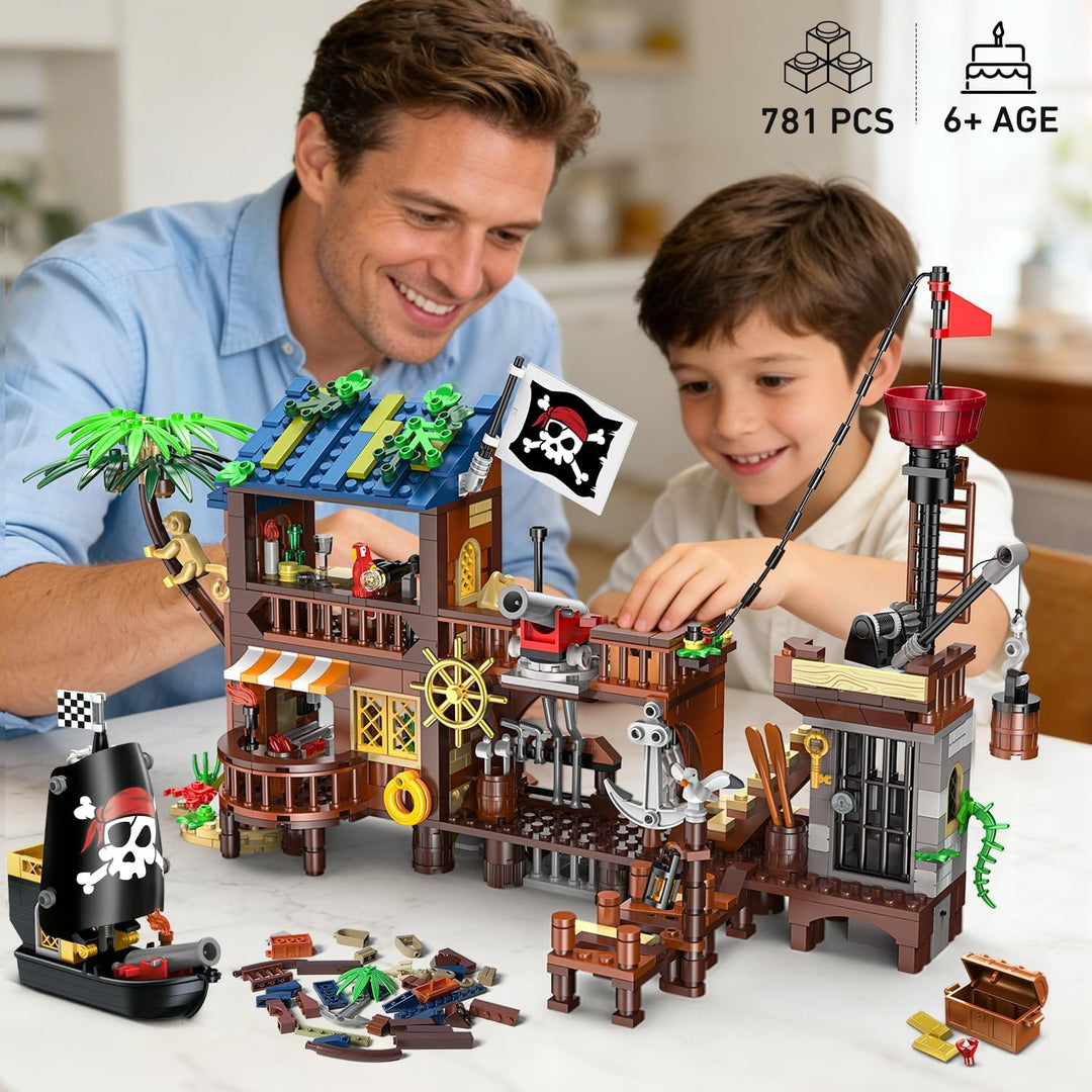 HOGOKIDS Piratenhafen Bauset mit LED, 3 Darstellungsmodi Piratenschiff-Haus-Bauspielzeug, kreatives