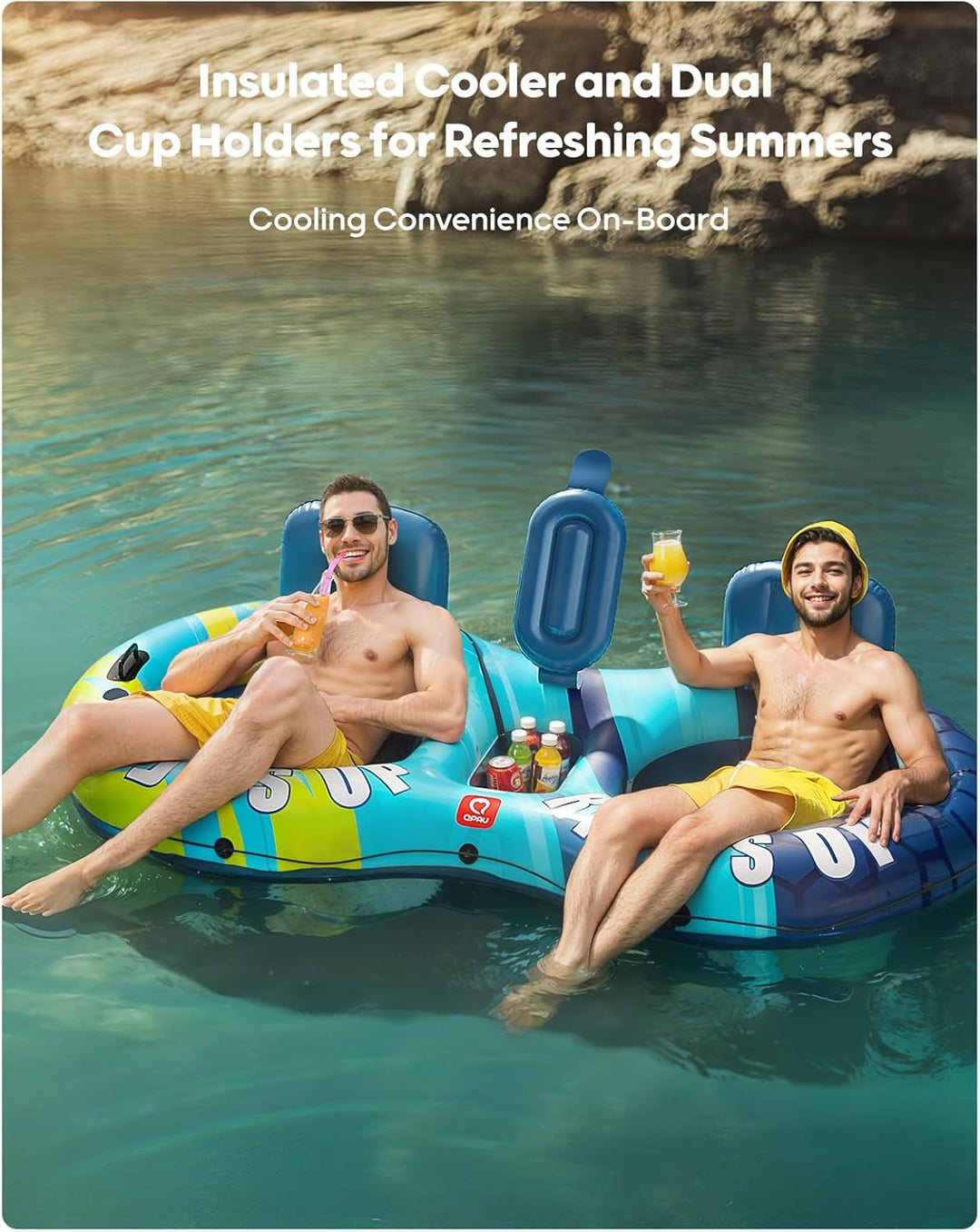 'QPAU Inflatable Double River Tube, 2 Person 660lb Capacity, Puncture-Resistant 93'' Sturdy Heavy Du