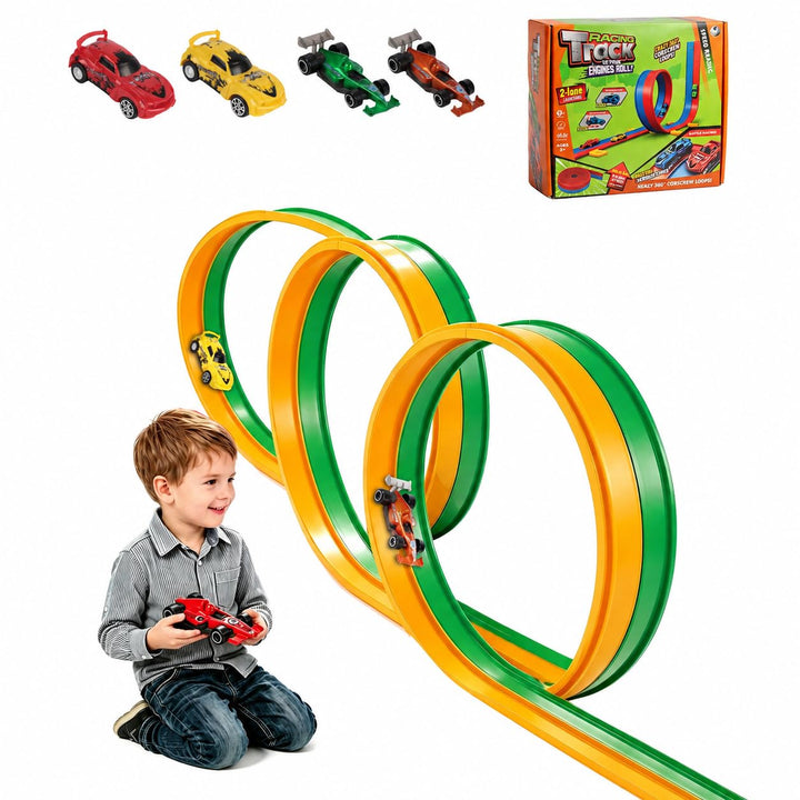 Flexible Autorennbahn Kinder - 5M Autorennbahn Spielzeug aus Silikon mit Saugnapf, 4 Spielzeugautos,