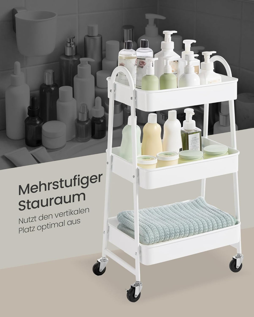SONGMICS Rollwagen mit 3 Ebenen, Servierwagen aus Metall, Küchenwagen, Küchenregal mit Griffen, 2 Br