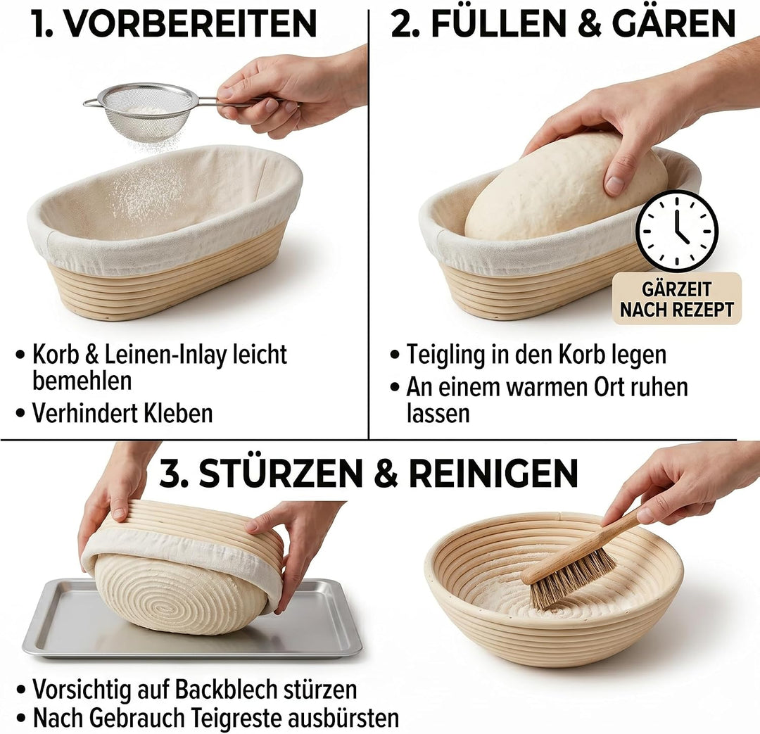 Premium Gärkörbchen Set 2-Teilig – 23cm Rund & 25cm Rechteckig Brotgärkorb aus 100% Ungebleichtem In