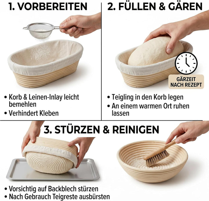 Premium Gärkörbchen Set 2-Teilig – 23cm Rund & 25cm Rechteckig Brotgärkorb aus 100% Ungebleichtem In