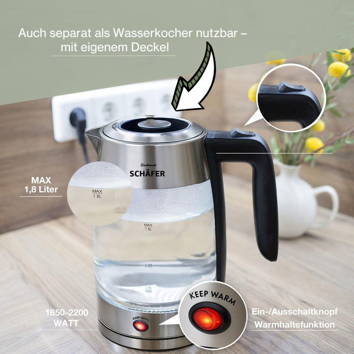 Teekocher Wasserkocher Edelstahl - Silber - mit Teesieb Abschaltautomatik und Warmhaltefunktion - 2,