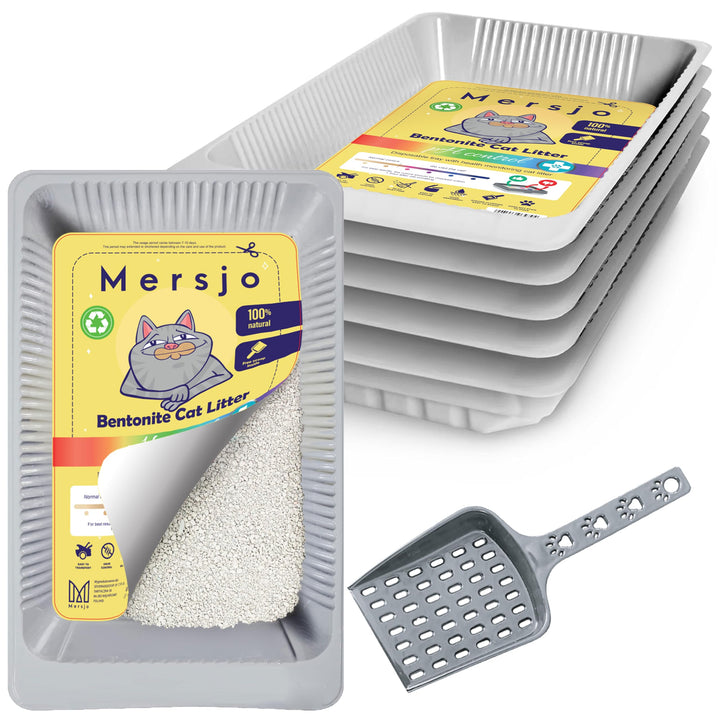 Einweg-Katzenstreu Set, 5x2,7l Bentonit-Streu mit pH-Indikator, Schale und Kehrblech, 5x2,7L