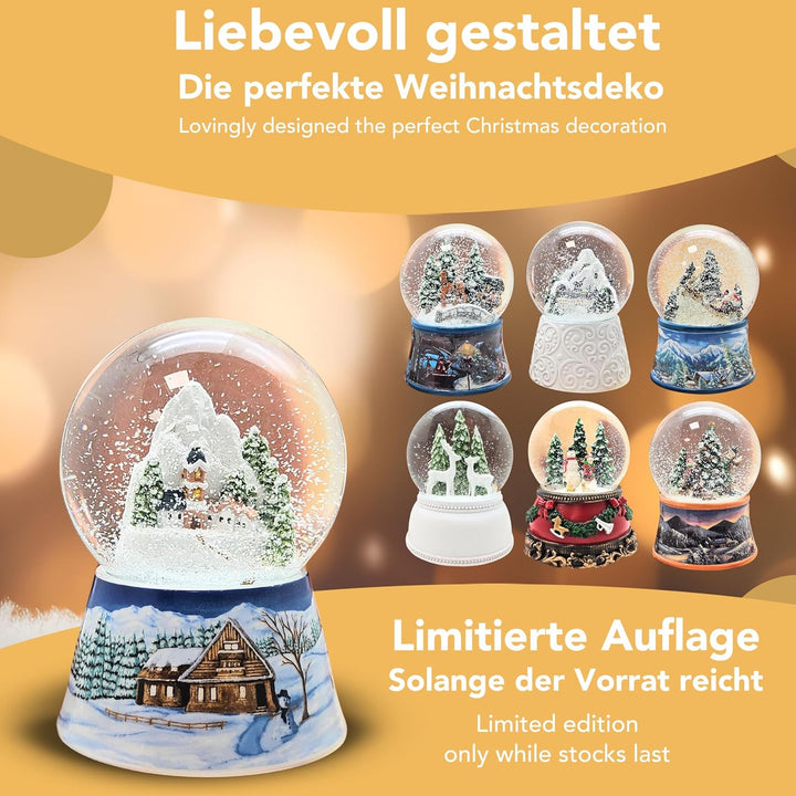 Schneekugel Weihnachten Spieluhr | Bergdorf mit Kirche | Sockel Winterlandschaft Mittelblau | Musik