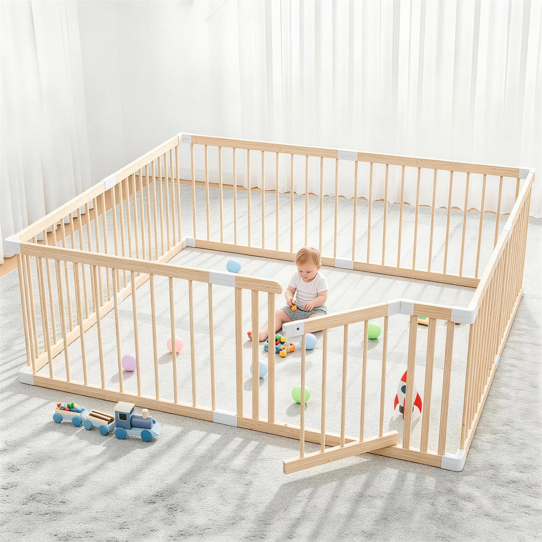 Baby Laufstall aus Holz mit Tür & Sicherheitsverschluss - Robustes Laufgitter zum Zusammenbauen, ind