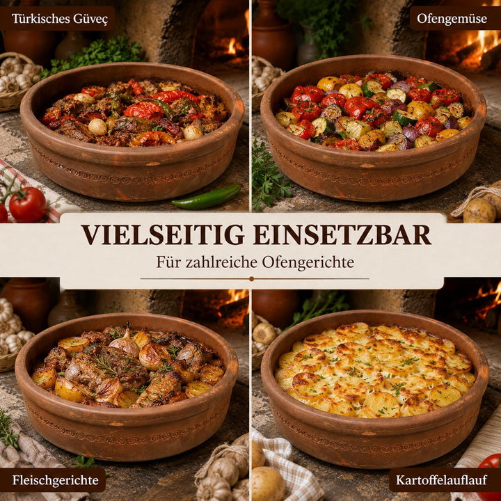 Terrakotta Güveç Tava Ø 30 cm – Handgefertigte Auflaufform aus Naturton für Ofen, Güveç, Schmorgeric