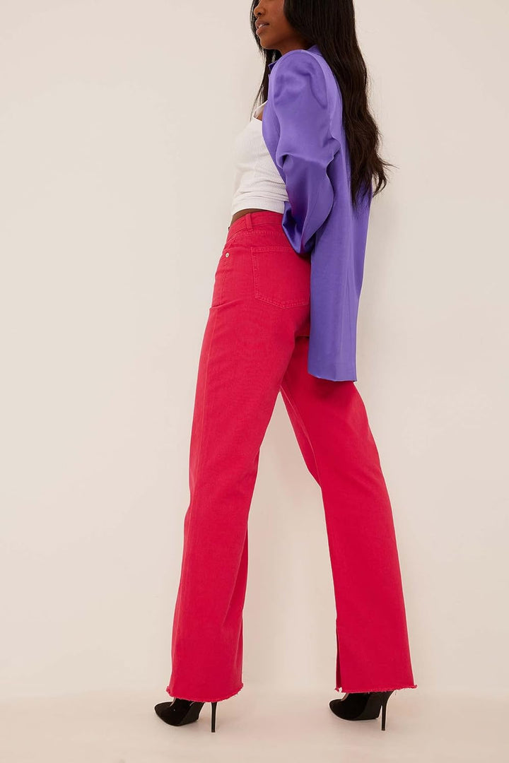 NA-KD Damen Raw Hem Side Slit Denim Jeans 36 Rose, 36 Rose