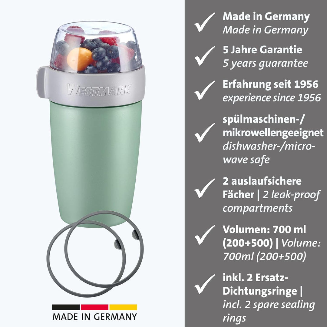 Westmark Müslibecher/Lunchpot Set – 2 auslaufsichere Fächer: 200 ml +500 ml, 2 Ersatzdichtungsringe,