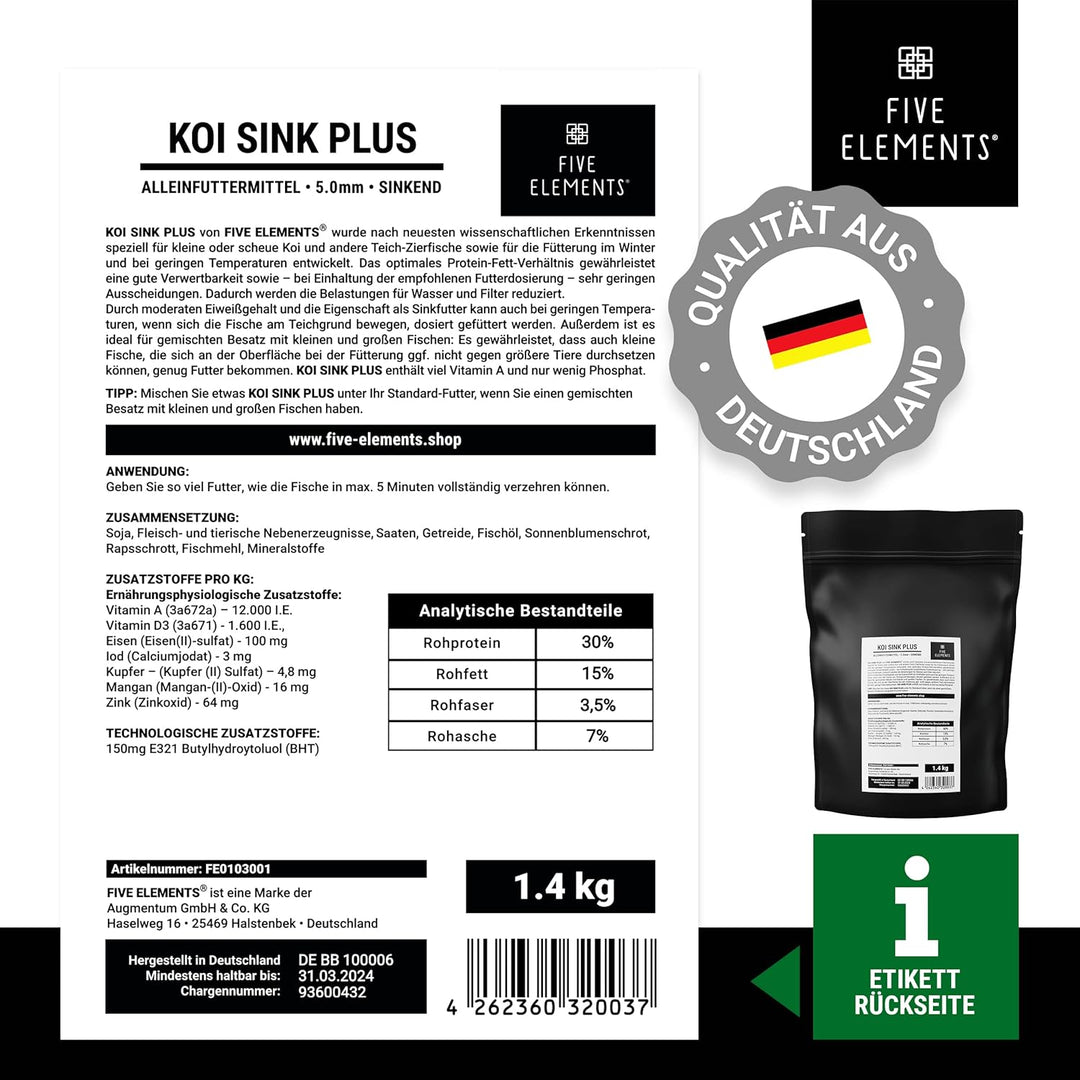 FIVE ELEMENTS® Koi Sink Plus | 1,4 kg | optimal als Frühjahrsfutter | sinkendes Koi-Futter | hochwer