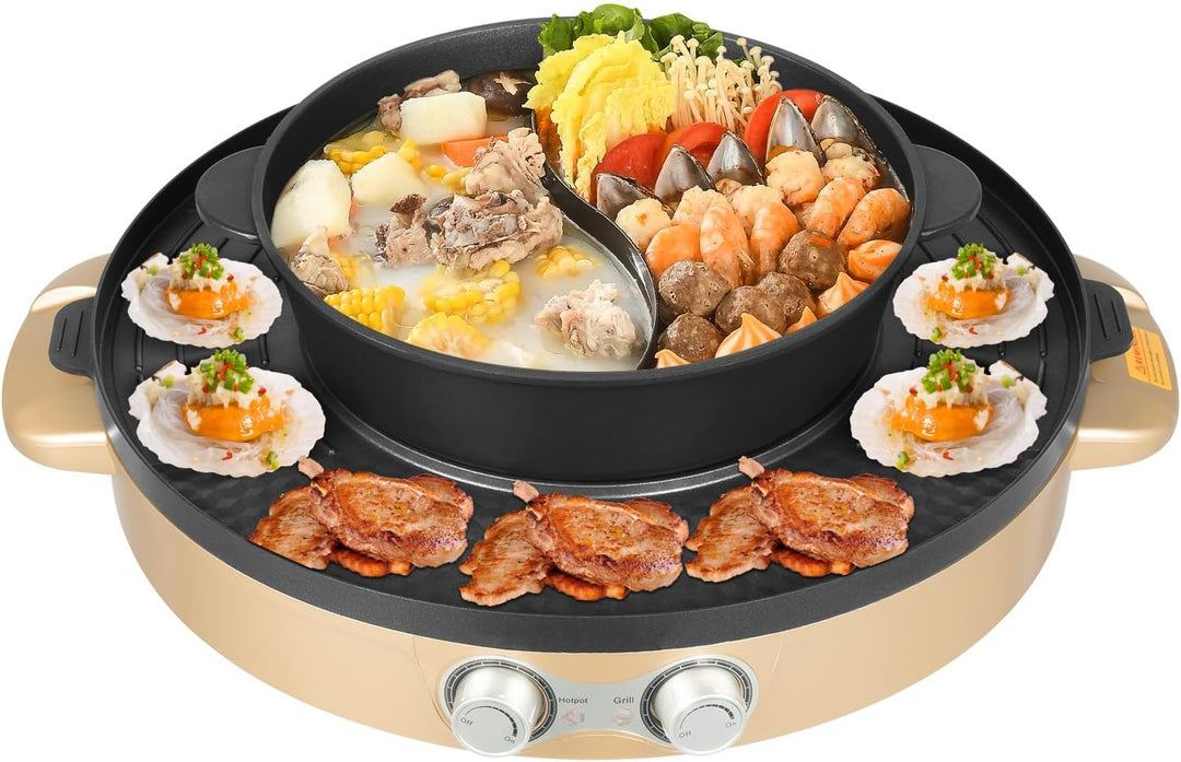 2200W Hot Pot Elektrisch mit Grillplatte, 2-in-1 Design für Fondue und BBQ mit abnehmbarem Fondue To