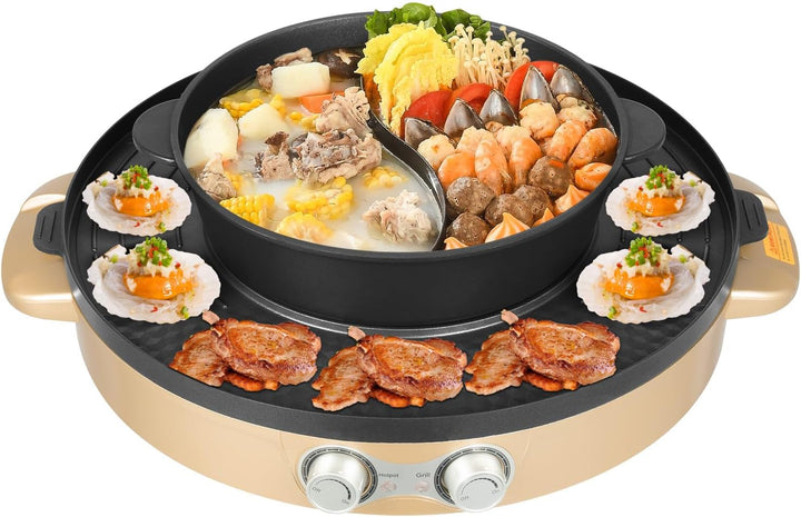 2200W Hot Pot Elektrisch mit Grillplatte, 2-in-1 Design für Fondue und BBQ mit abnehmbarem Fondue To