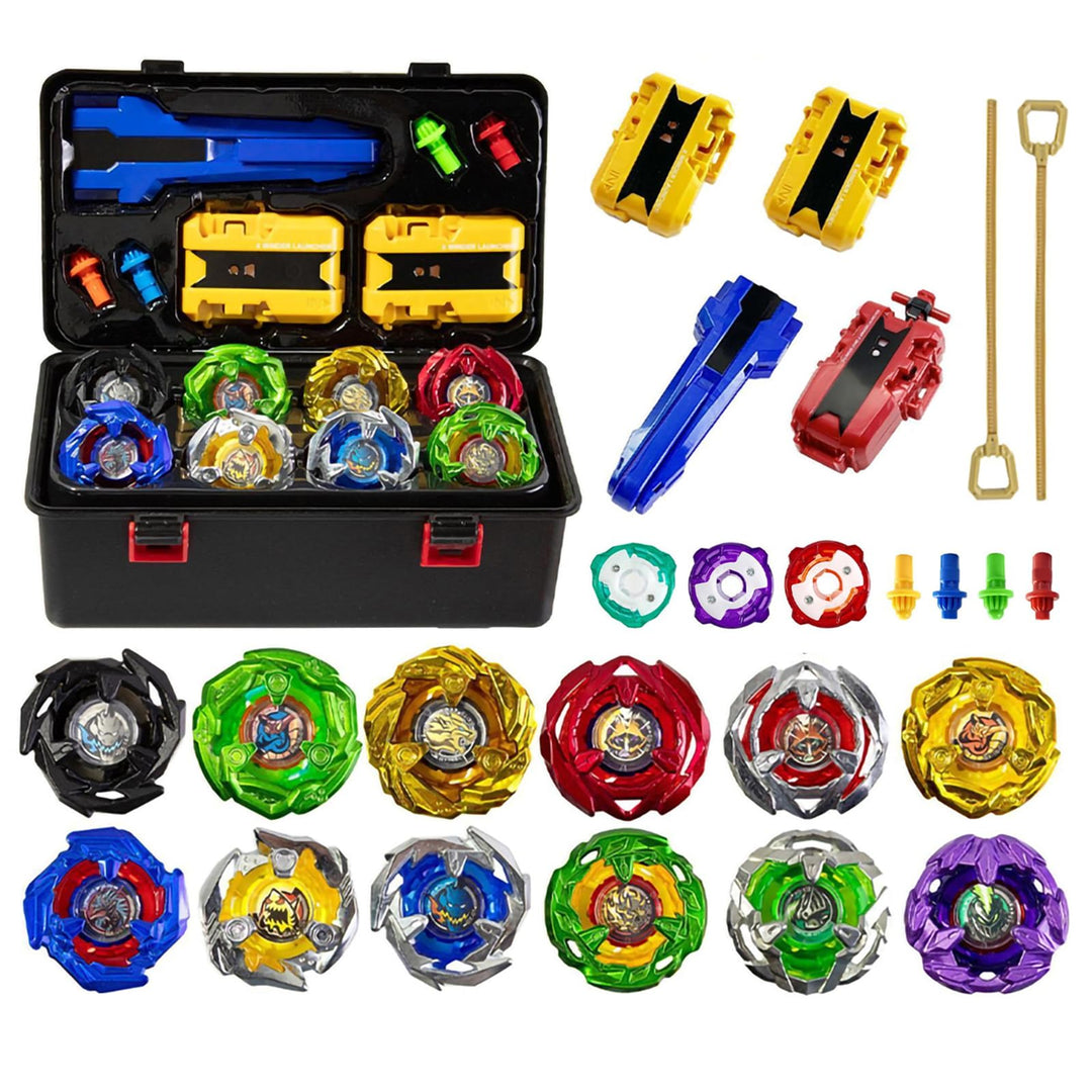 Battling Tops, 12 Kreisel, 3 Werfer, 1 Griff, 3 Mittelringe und 4 Basen, mit Aufbewahrungsbox, Gebur