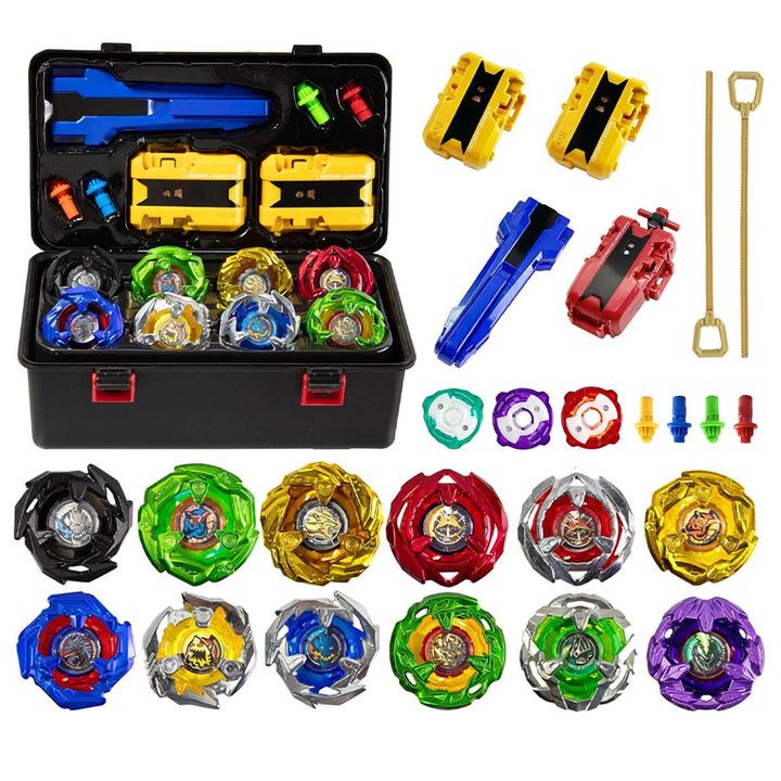 Battling Tops, 12 Kreisel, 3 Werfer, 1 Griff, 3 Mittelringe und 4 Basen, mit Aufbewahrungsbox, Gebur