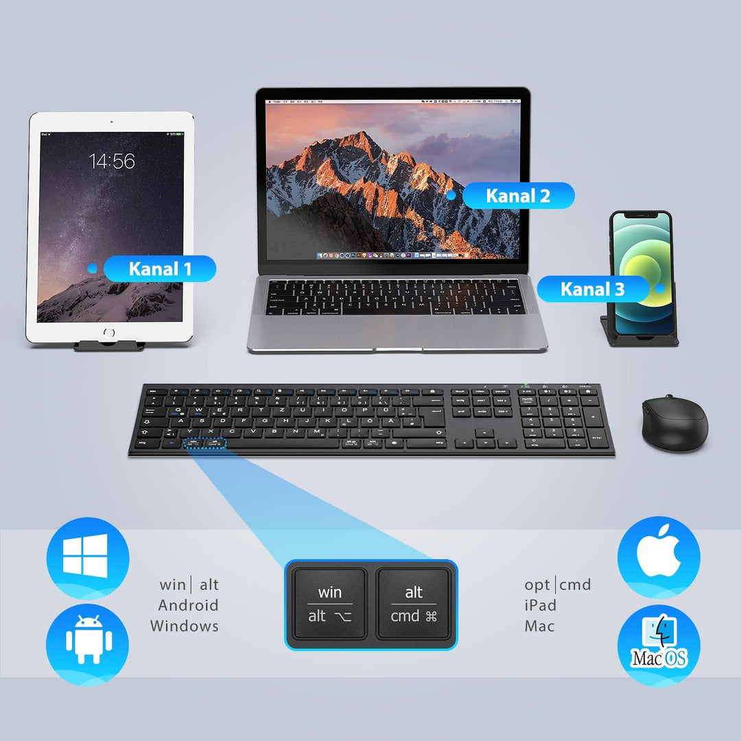 iClever Bluetooth Tastatur mit Maus, Wiederaufladbare Dualmodus USB & Bluetooth Tastatur aus Metall,