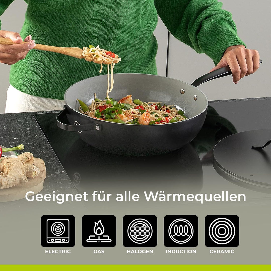 Be Living Essential Pfannenset 4-teilig, Bratpfanne 20/24/28 cm + Wokpfanne 28 cm mit Deckel, Non St
