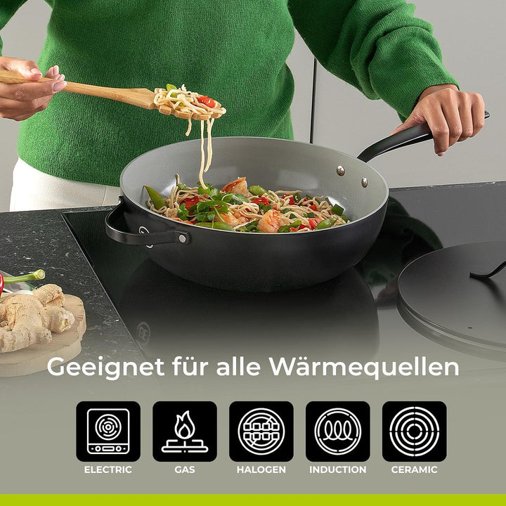 Be Living Essential Pfannenset 4-teilig, Bratpfanne 20/24/28 cm + Wokpfanne 28 cm mit Deckel, Non St