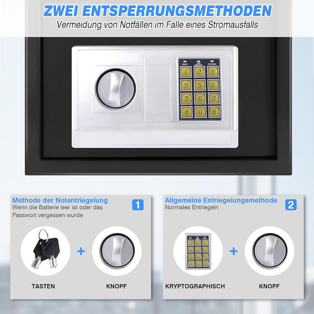 Tresor - Safe Tresor Feuerfest mit Zahlenschloss & 2×Notschlüssel - Digitaler Elektronischer Safe mi
