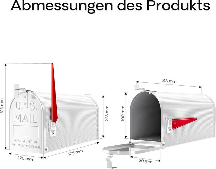 Wiltec US Mailbox weiss 150 x 513 x 223 mm, amerikanischer Briefkasten mit Fahne, Wandbriefkasten od