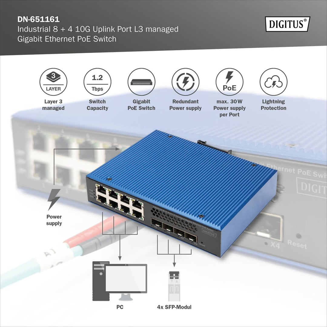 DIGITUS Industrial 8 + 4 10G Uplink Port L3 managed Gigabit Ethernet PoE Switch 8-Port + 4x Uplink S