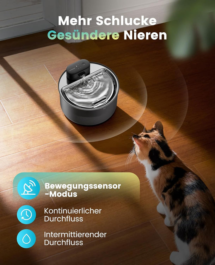Oneisall 3.2L Kabelloser Katzenbrunnen Edelstahl mit Bewegungsmelder Katze | 4000mAh Akku 45 Tage La