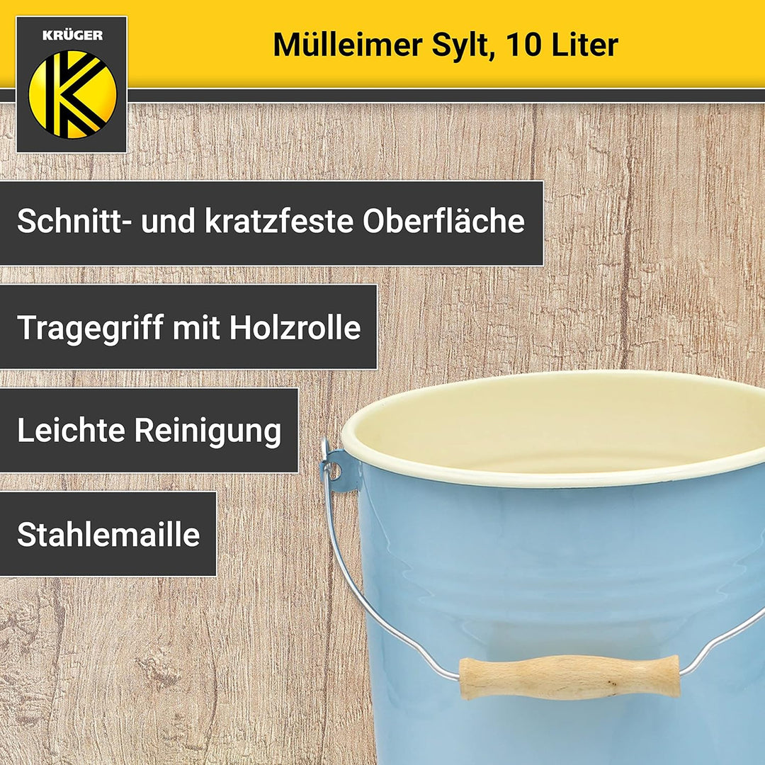 Krüger Mülleimer mit Deckel - Stahl Abfalleimer mit Emaille-Beschichtung und Holzgriff - Schnitt- un