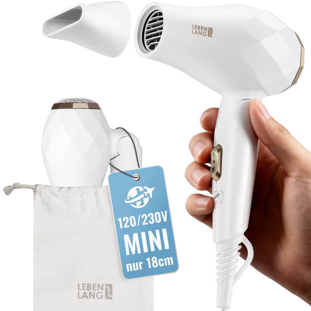 LEBENLANG Reisefön klappbar klein - Duale Spannung & Inkl. Reisetasche mit Stylingdüse I Reise Föhn