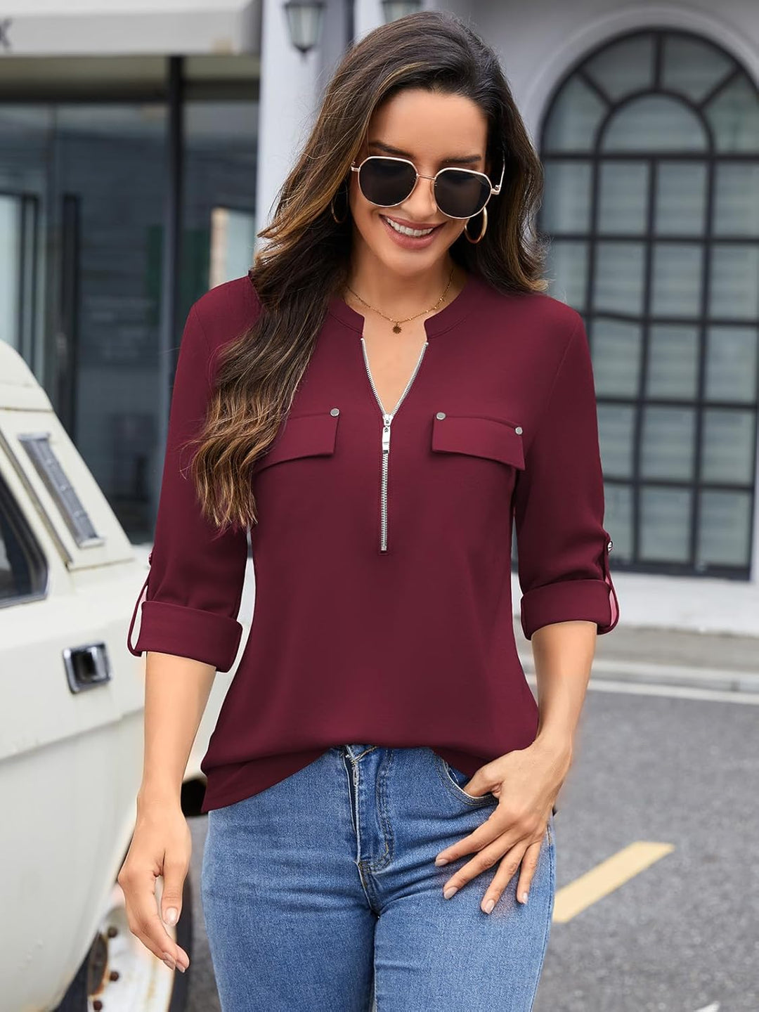 Siddhe Damen V-Ausschnitt Bluse 3/4 Ärmel Tunika Reissverschluss Langshirt Langarm Hemd Tops T-Shirt